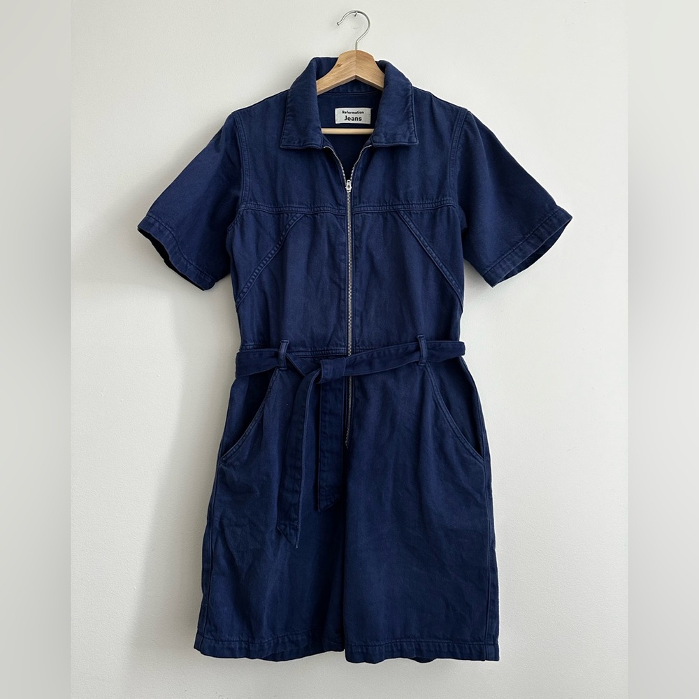 Reformation Navy Denim Belted Jumpsuit